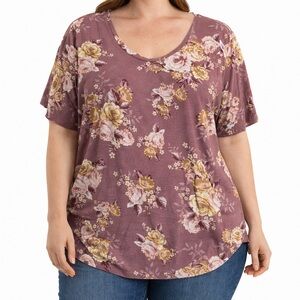 24/7 Comfort Apparel Floral Mauve Short Sleeve Top